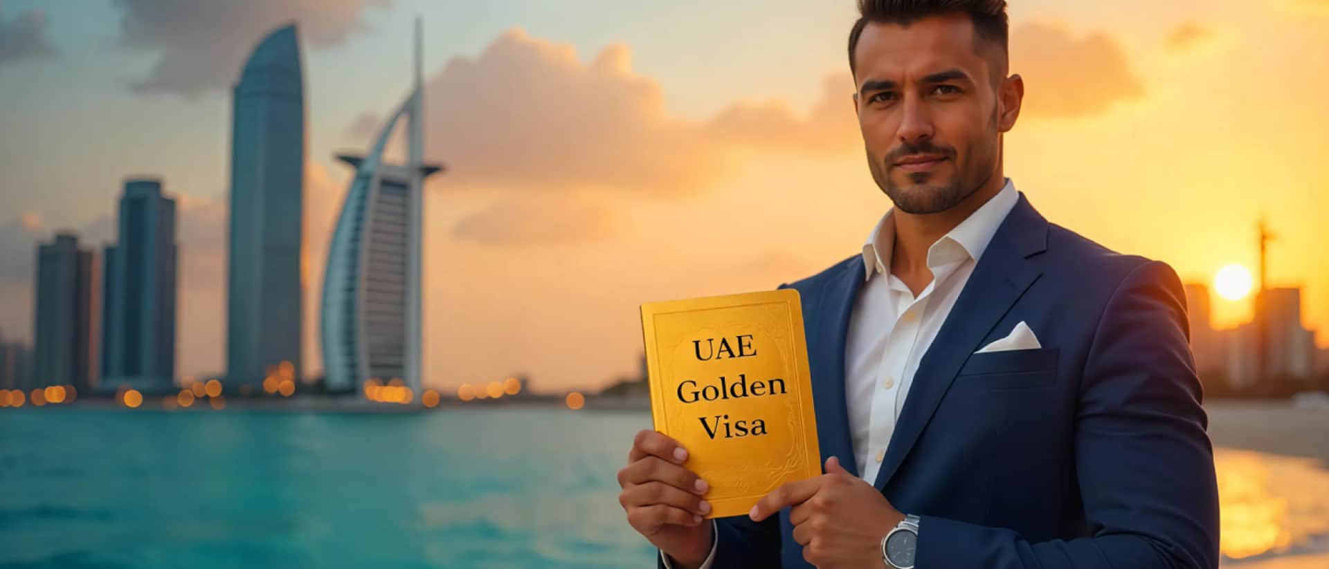 رجل أعمال يحمل التأشيرة الذهبية للإمارات عند غروب الشمس في دبي