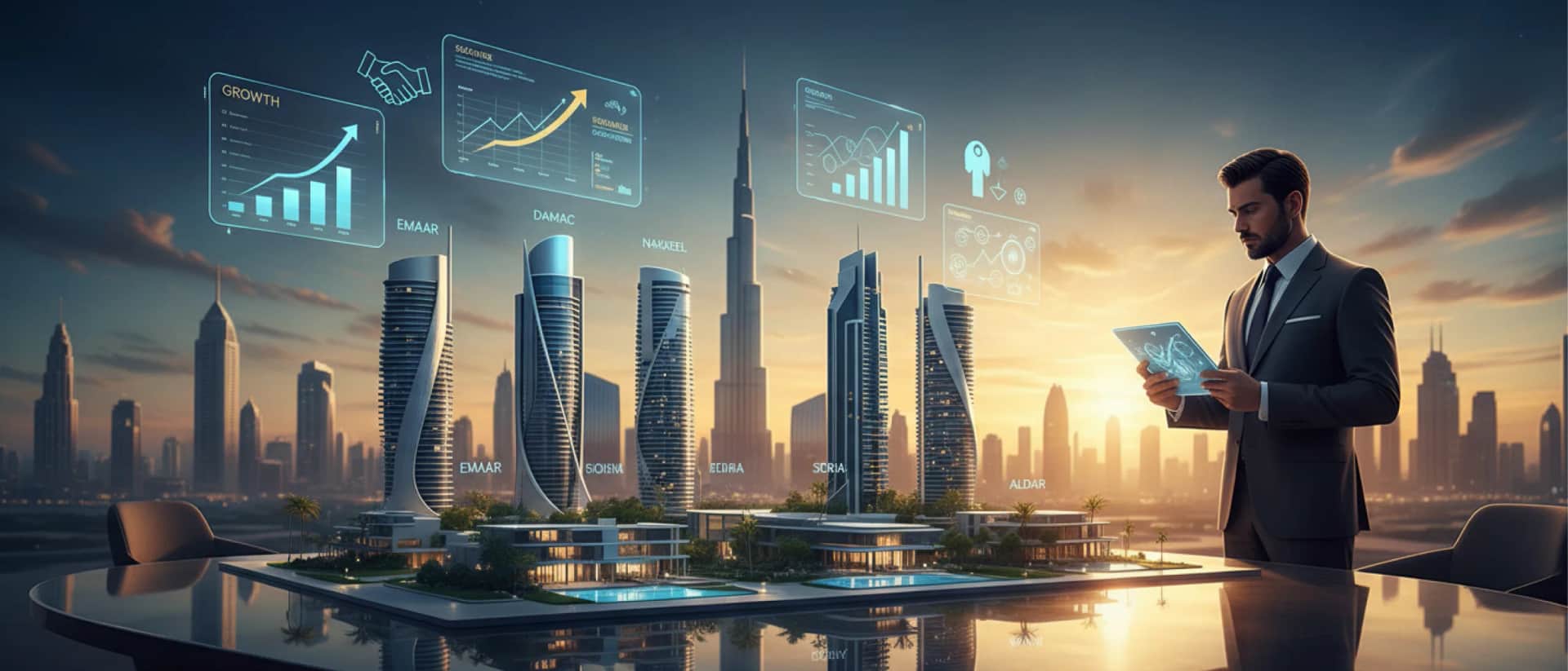 Dubai skyline investor analyzing growth charts