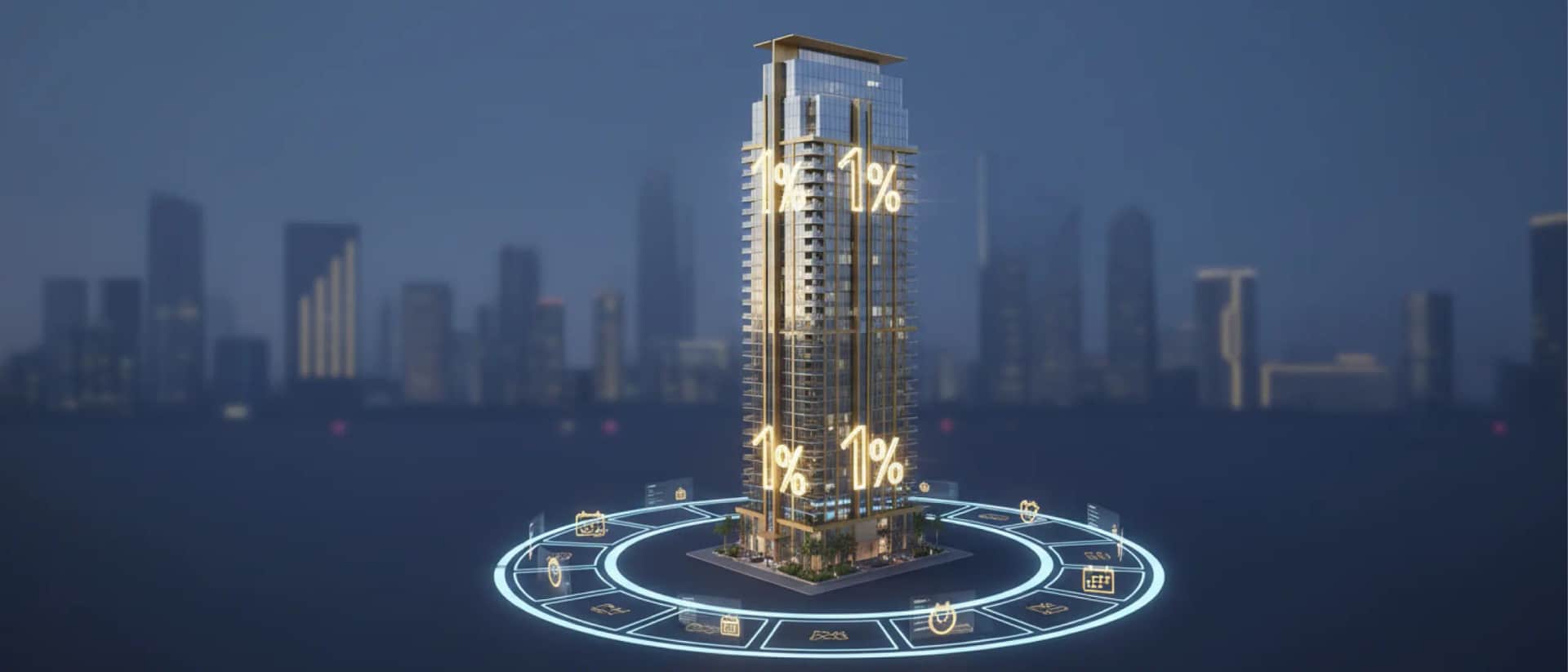 Dubai tower with 1% payment plan icons