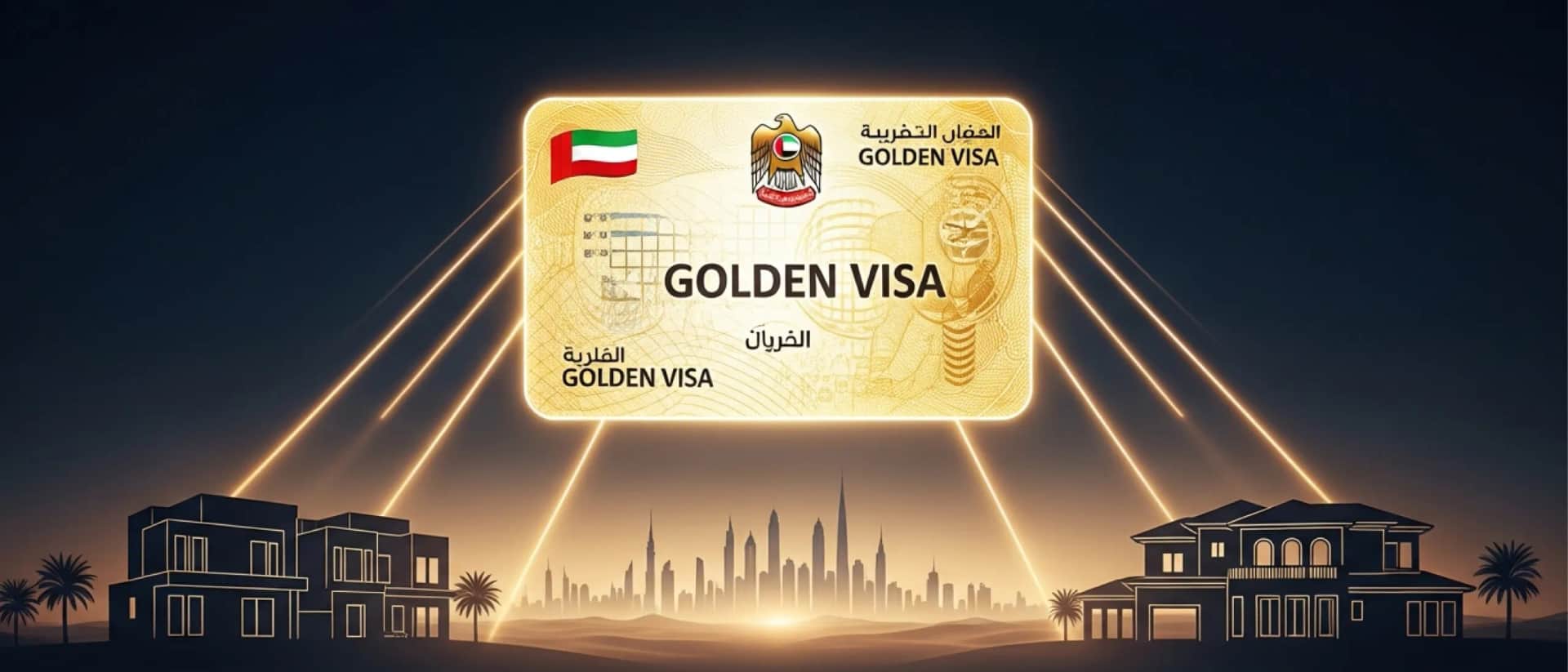 UAE Golden Visa card over Dubai skyline homes