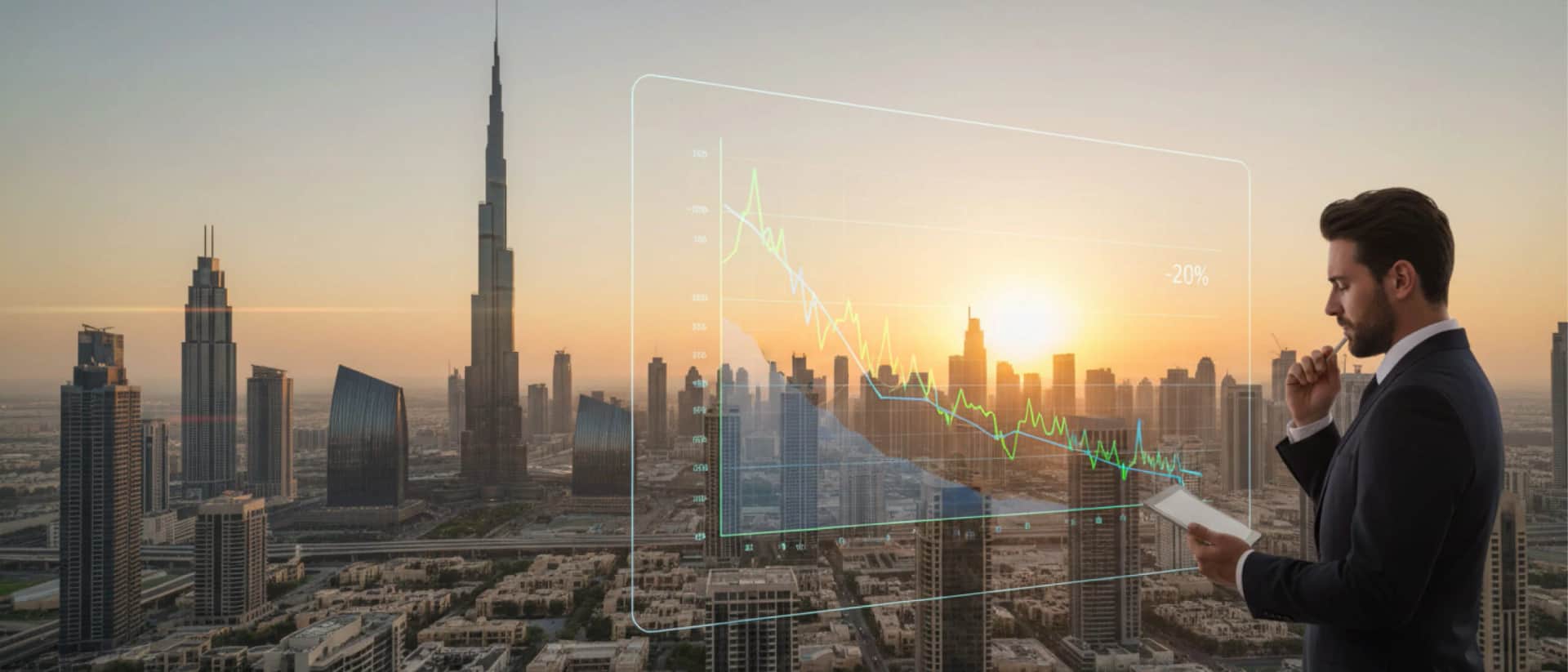 أفق دبي مع مخطط انخفاض مؤشر العقارات بنسبة 20%