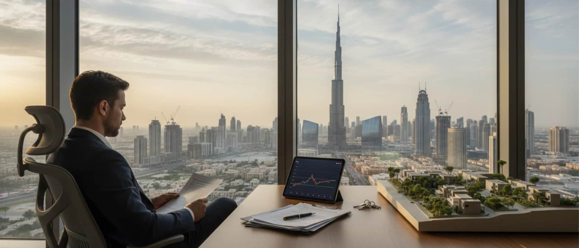 Dubai skyline office view with investor reviewing plans