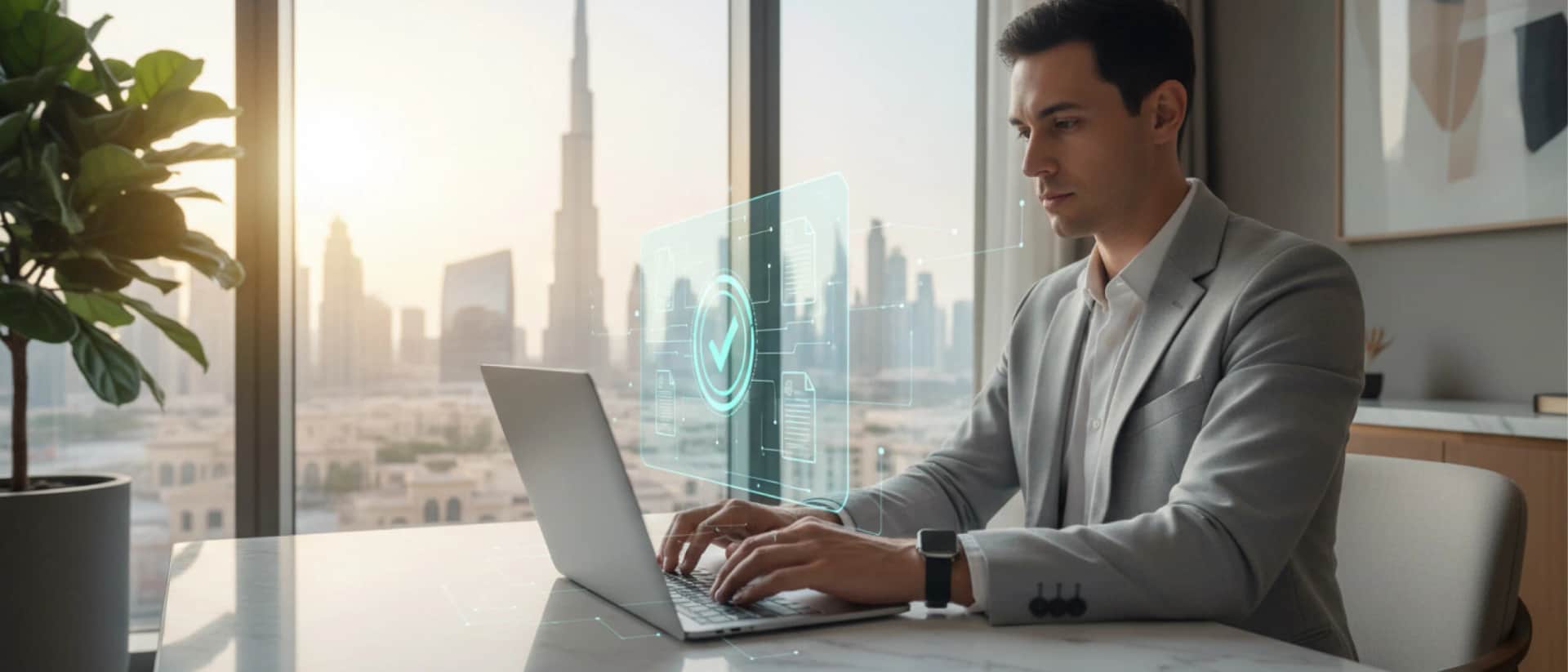 Businessman working on laptop with Dubai skyline view