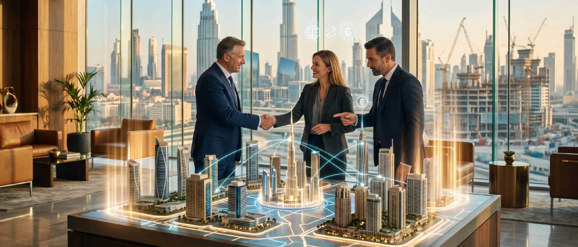 Business deal over Dubai real estate city model