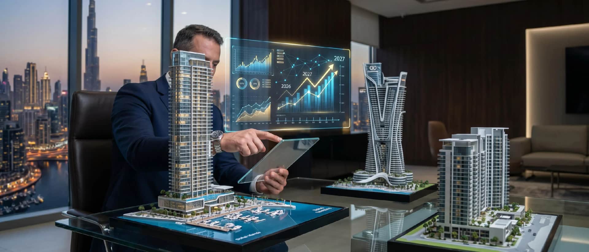 Real estate deal with keys exchange and skyline