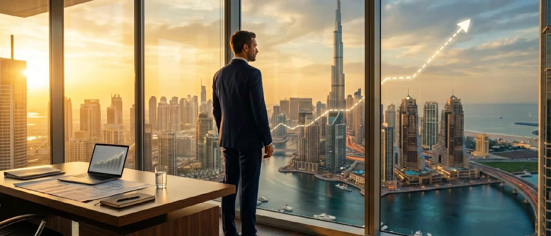 Businessman overlooking Dubai skyline growth chart