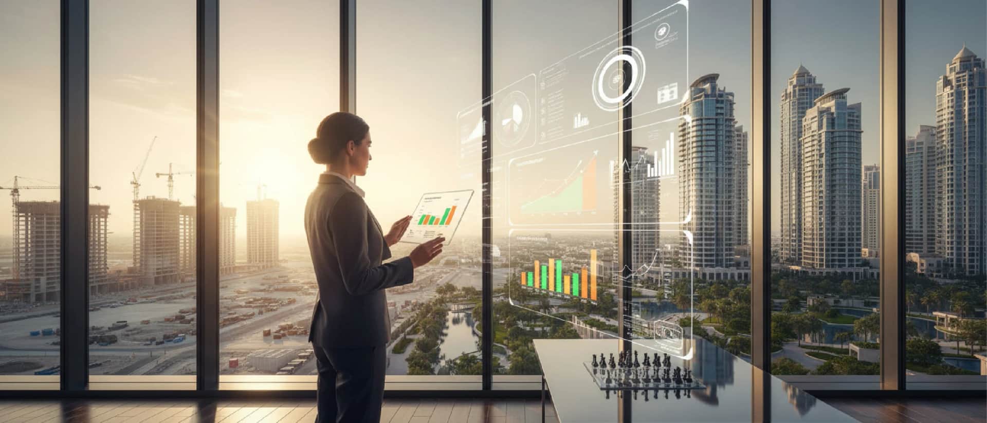 Businesswoman analyzing real estate data skyline
