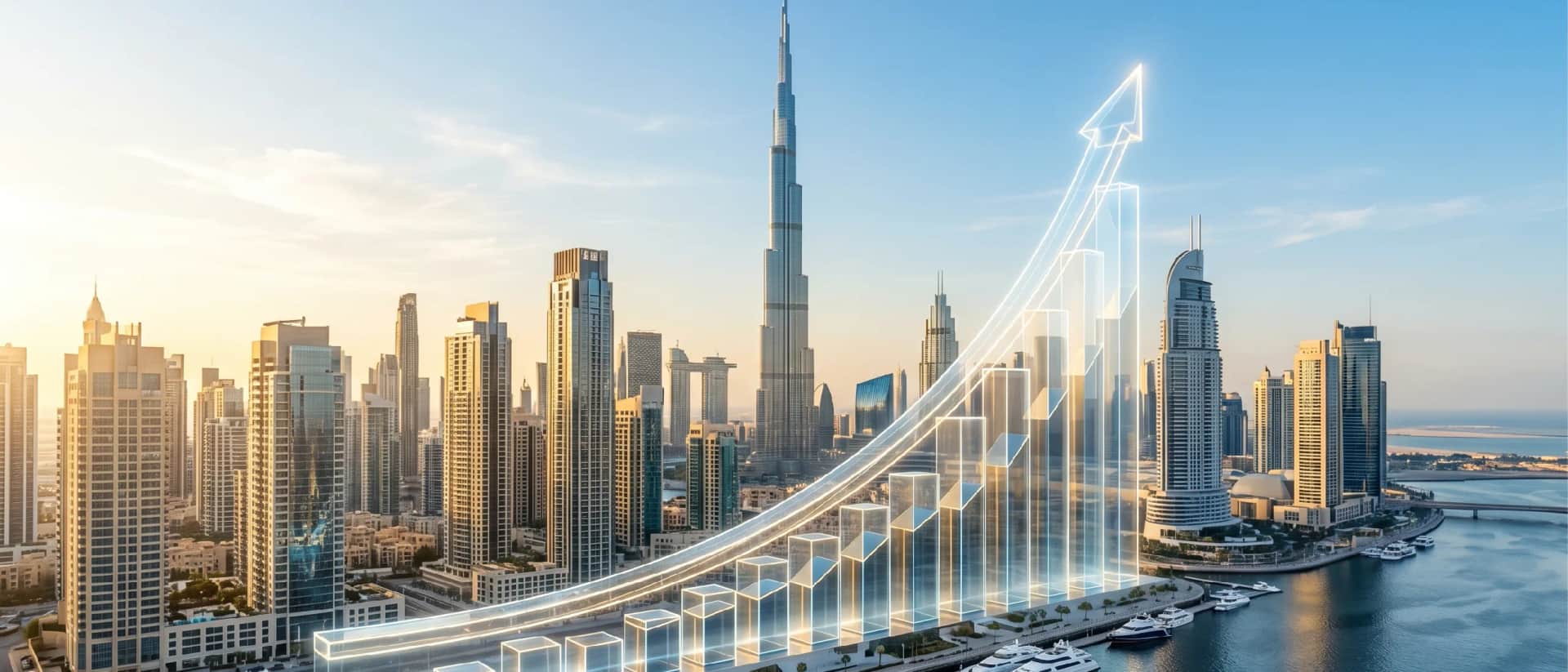 Dubai skyline with Burj Khalifa and rising growth chart overlay