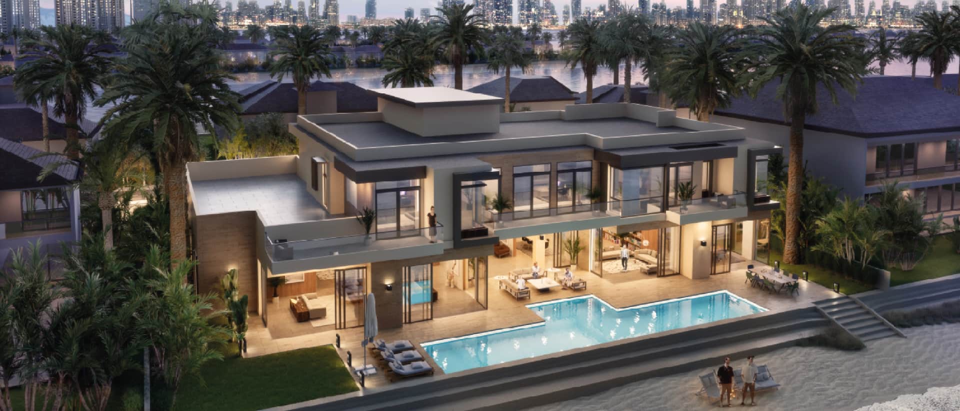 Luxurious villa with a pool overlooking a city skyline