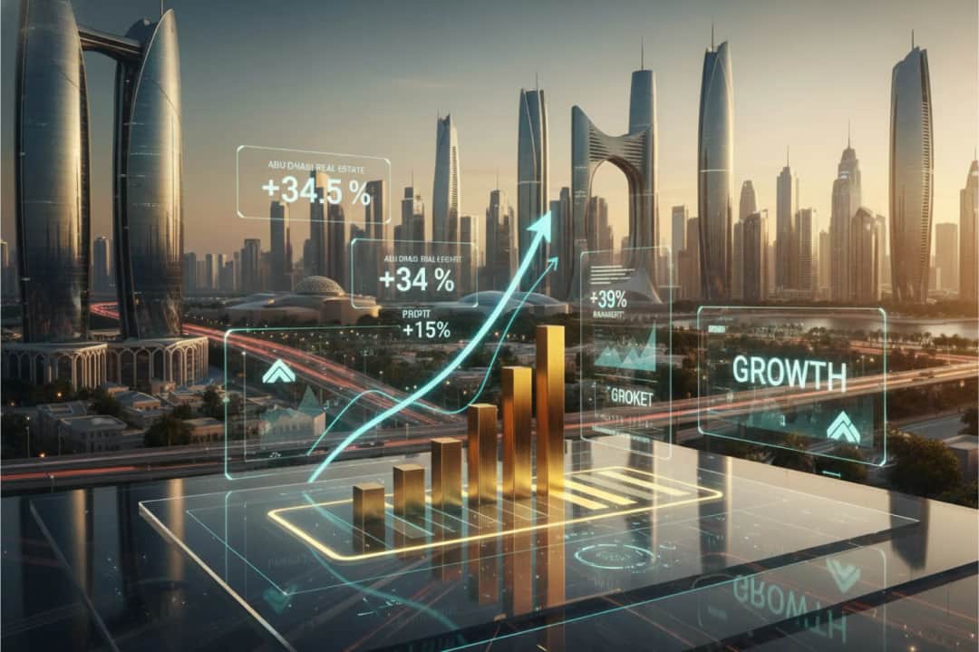 أفق أبوظبي عند غروب الشمس مع ناطحات السحاب المضيئة