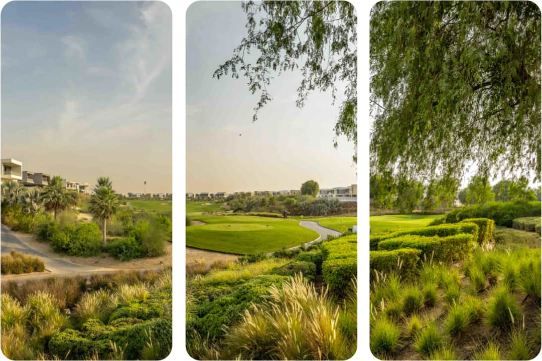 Lush green golf fairways and landscaped villa views
