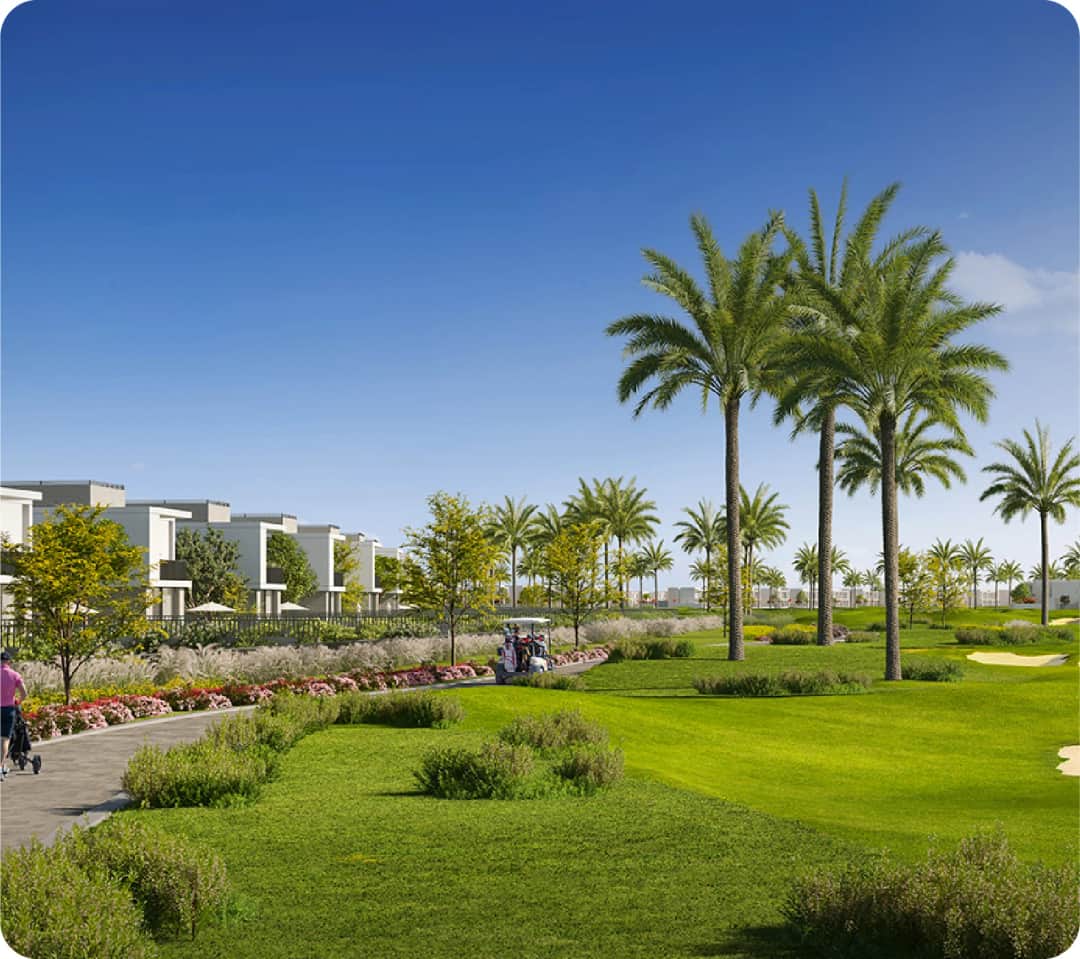 Palm-lined golf course community with modern villas