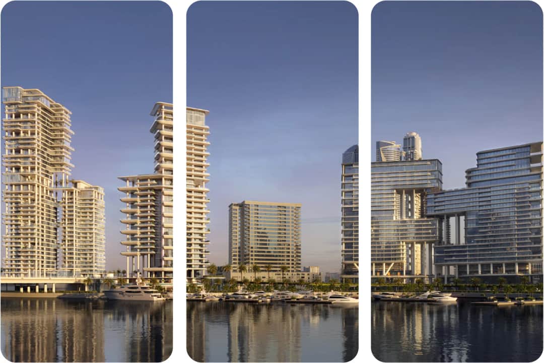 Modern waterfront luxury towers with yachts in Dubai