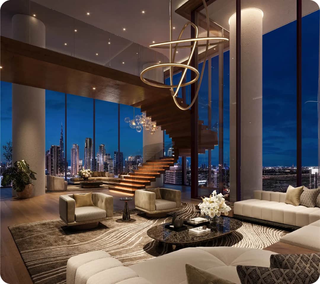 Luxury duplex interior with a spiral staircase