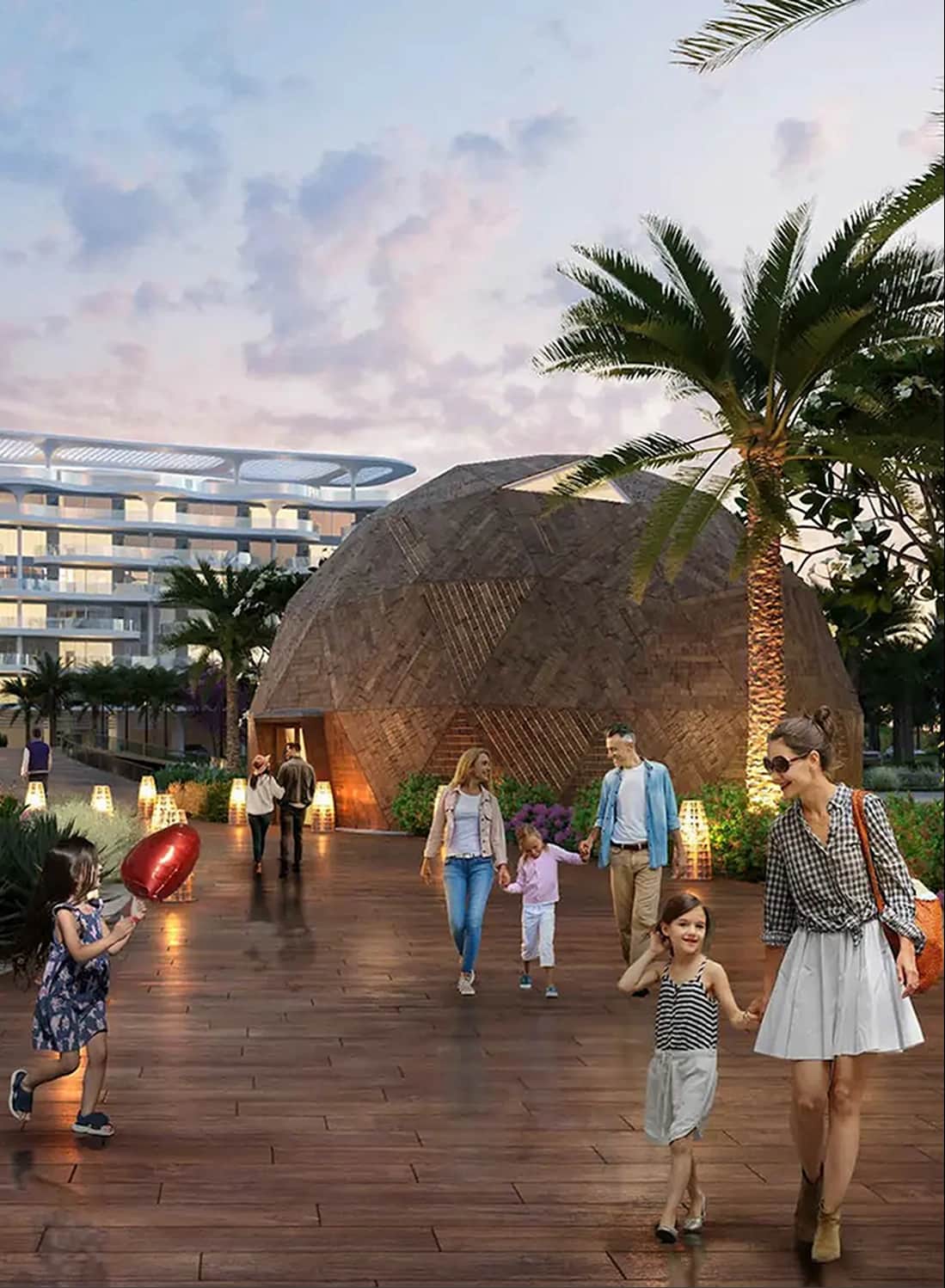 A family walking past a unique wooden dome structure