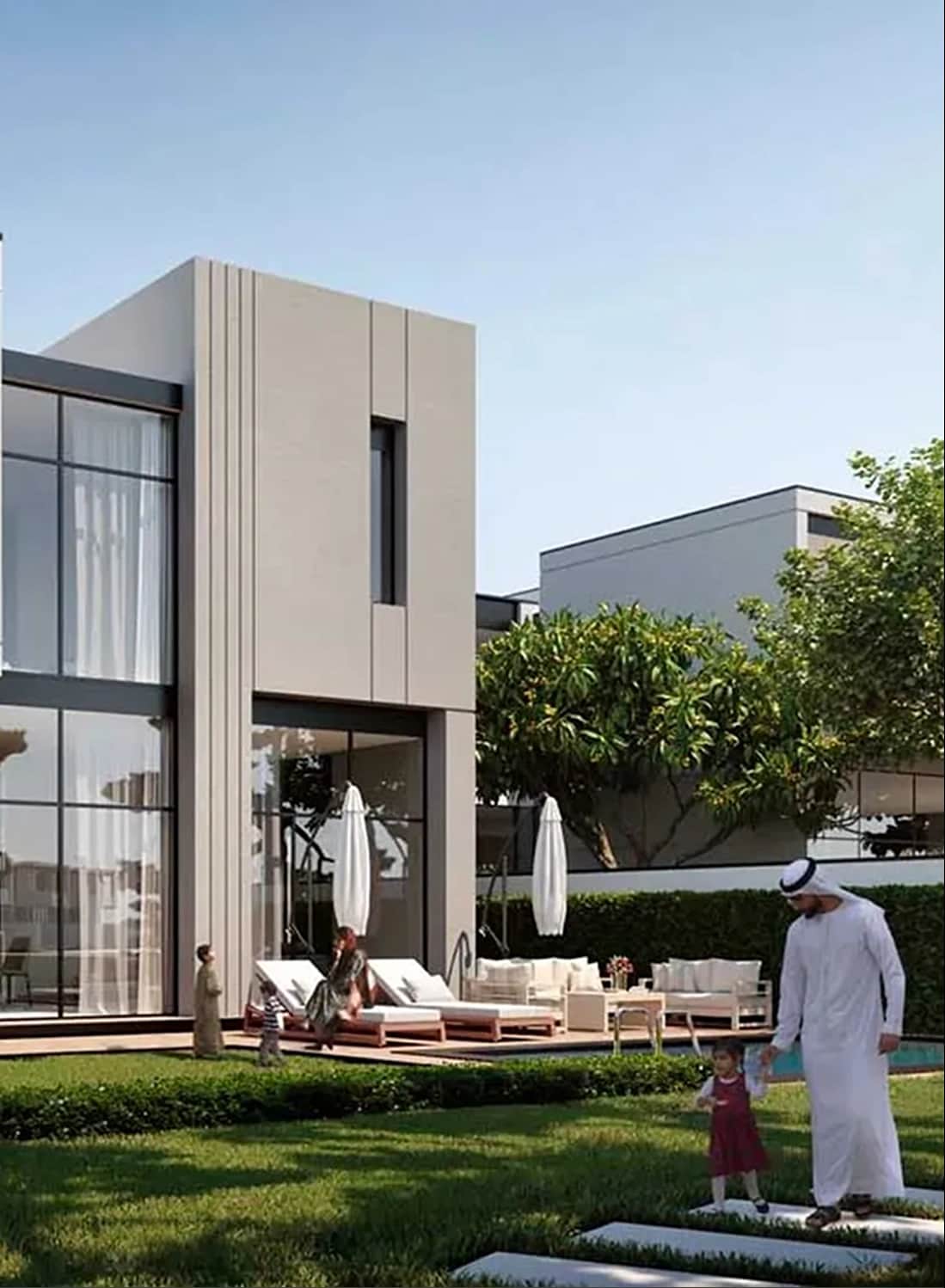 Modern villa with family enjoying the outdoor space
