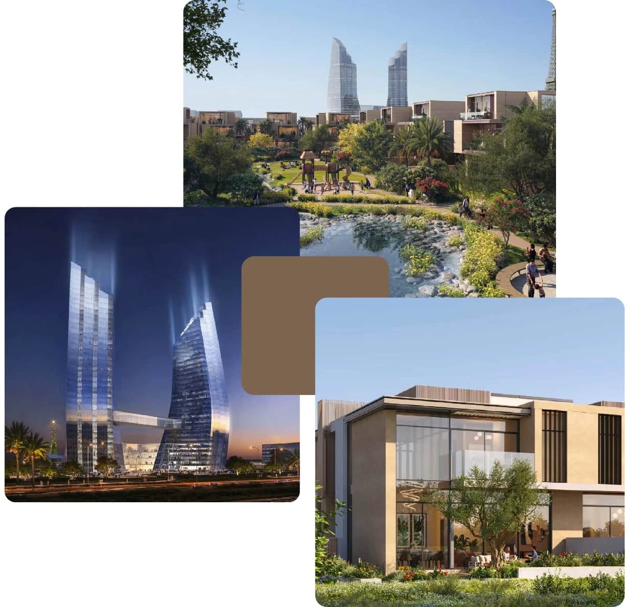 Parks, twin towers, and modern family villa