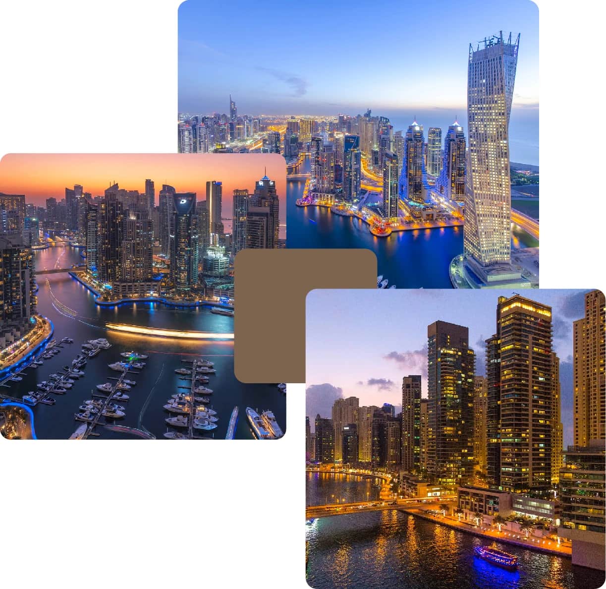 Dubai Marina skyline at night with waterfront views