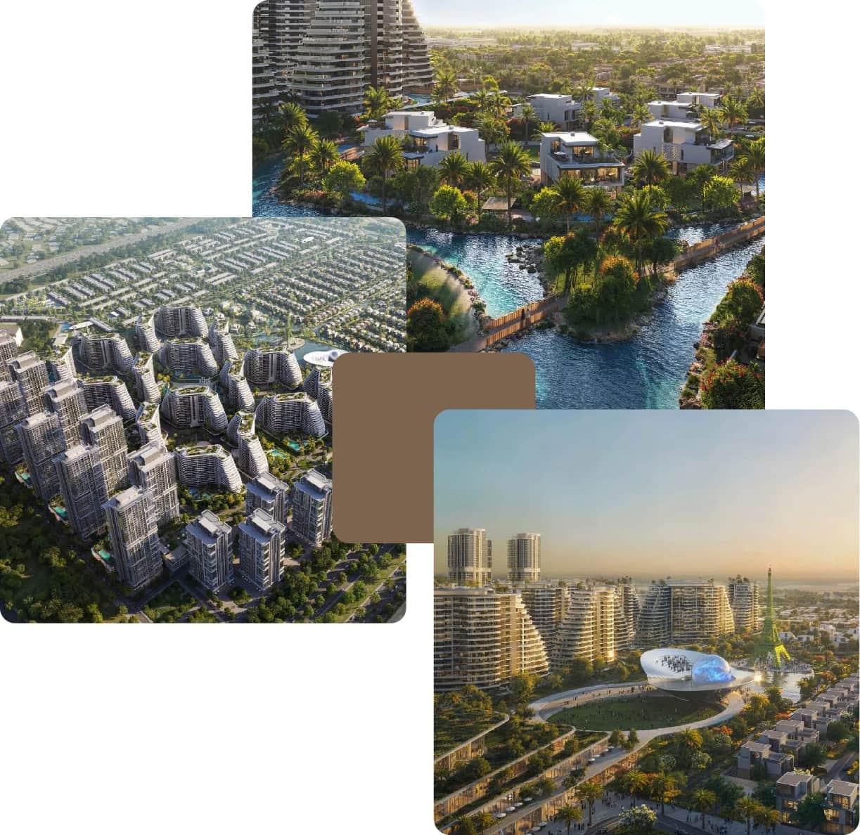 High-rise towers with lagoon and lush green villas