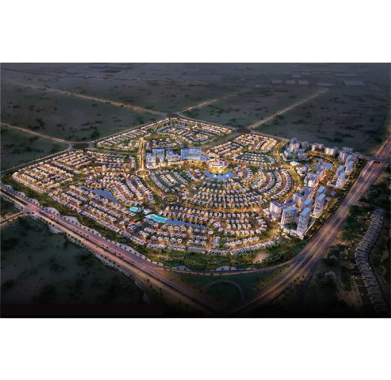 منظر جوي ليلي لتطوير دبي الجنوب