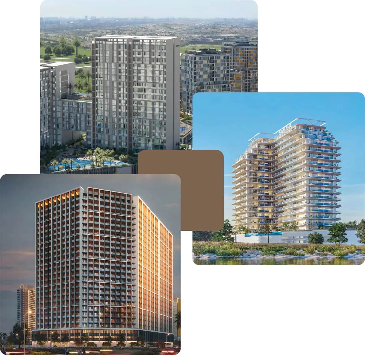 Modern residential towers with scenic backdrops