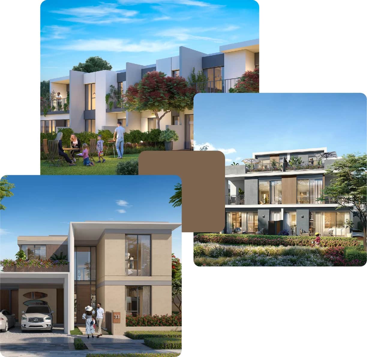 Modern residential buildings with a pool and landscaped gardens