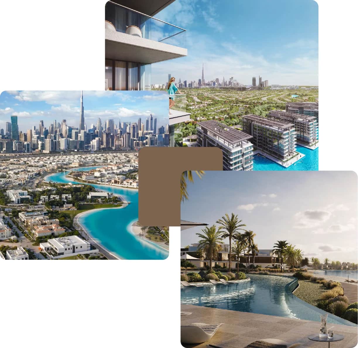 City skyline views with waterfront homes and pools