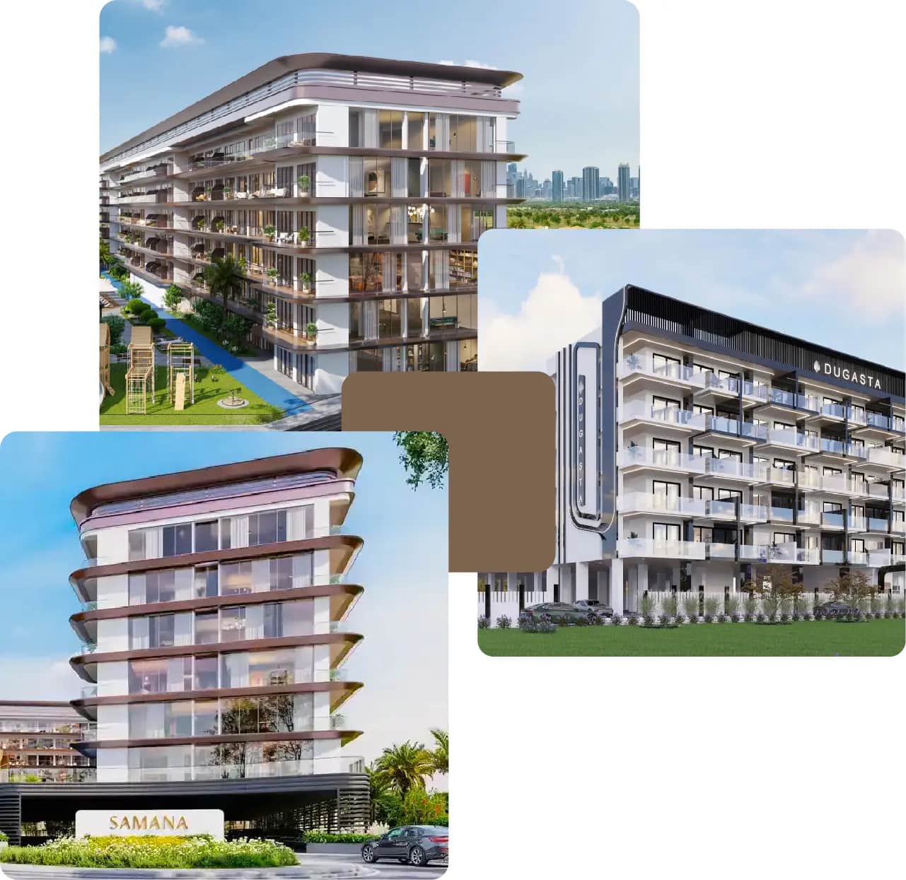 Modern residential buildings with landscaped gardens