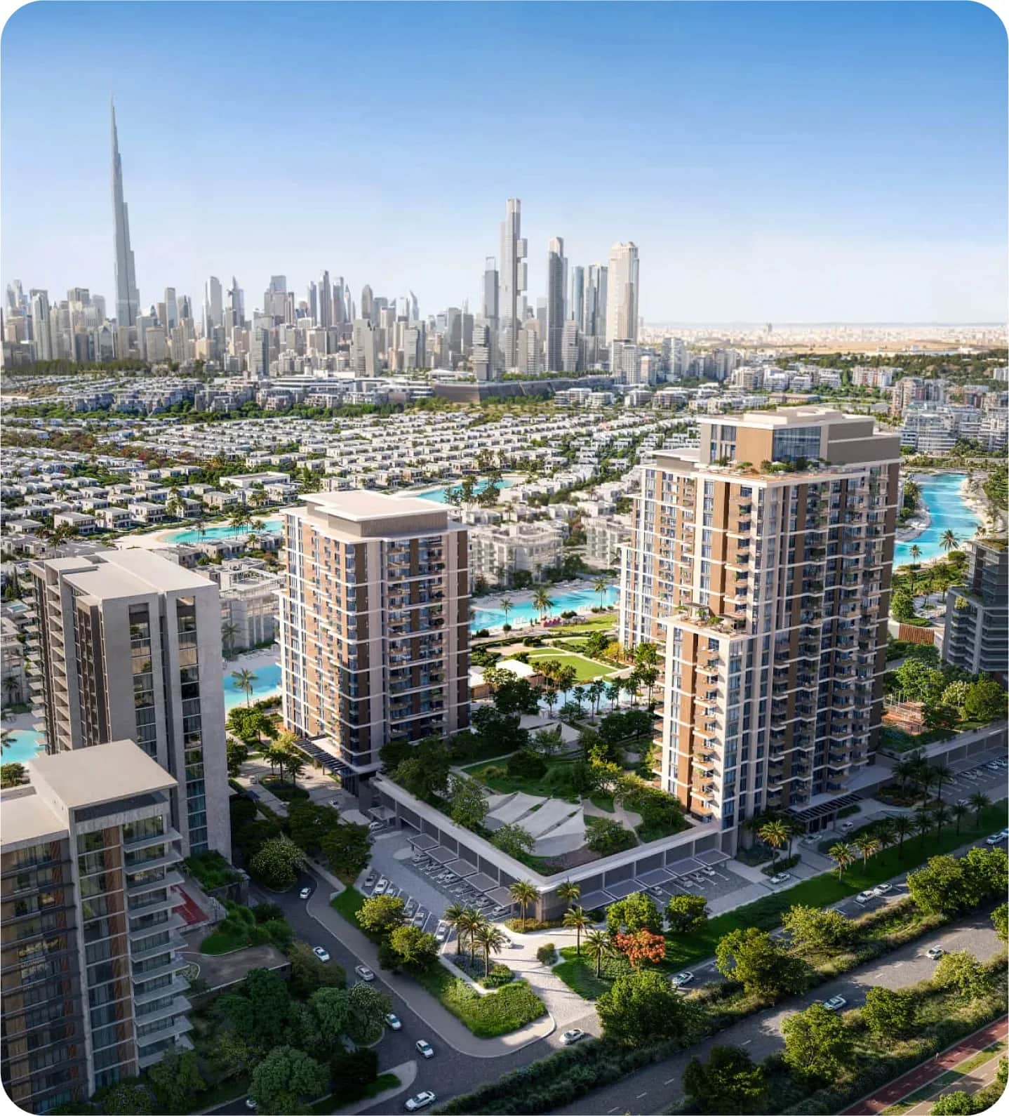 Dubai skyline overlooking villas and towers