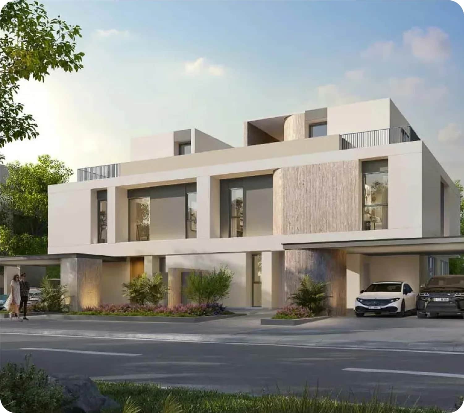 Modern multi-story house with cars and people