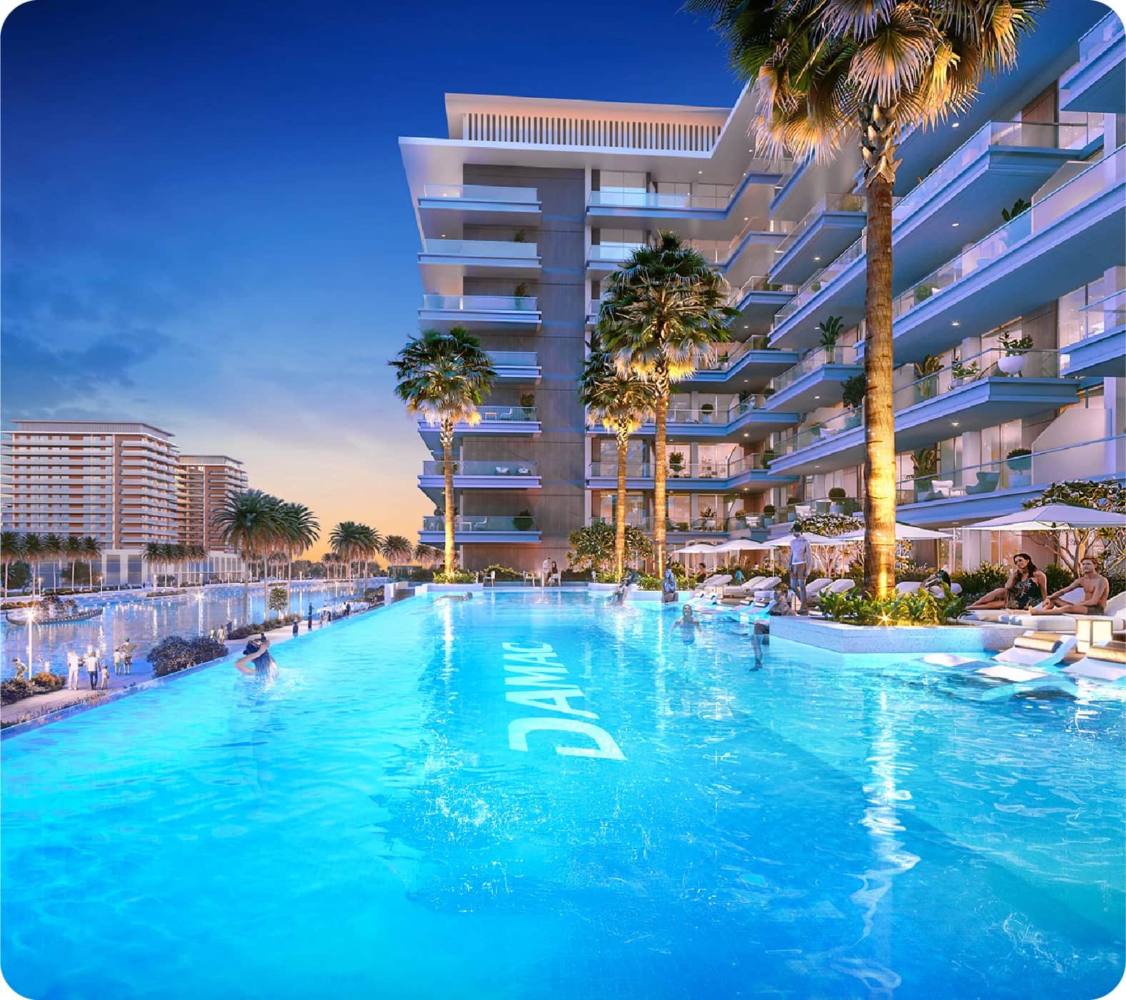 A luxurious residential complex with vibrant outdoor spaces