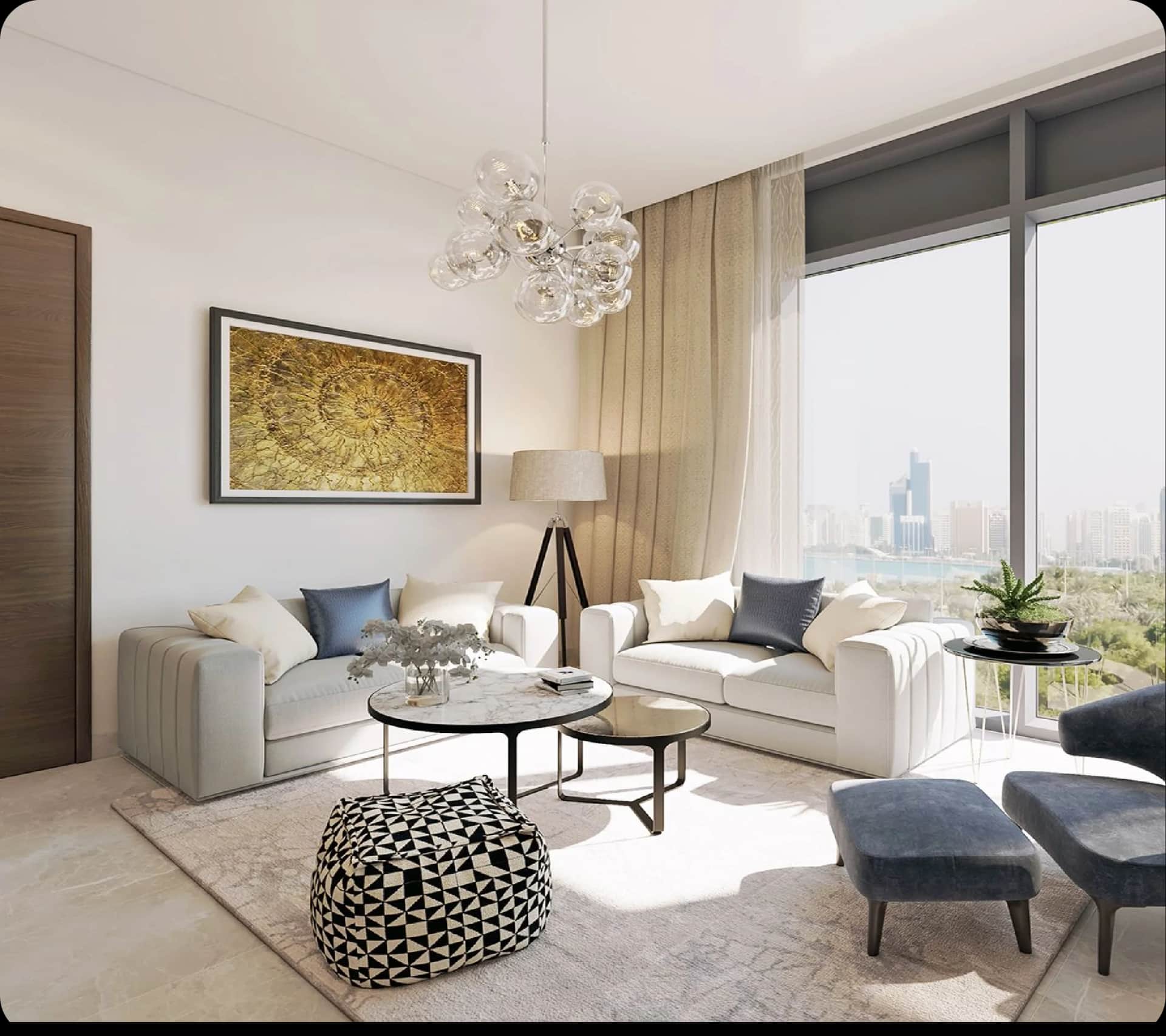 Modern living room with city and water views