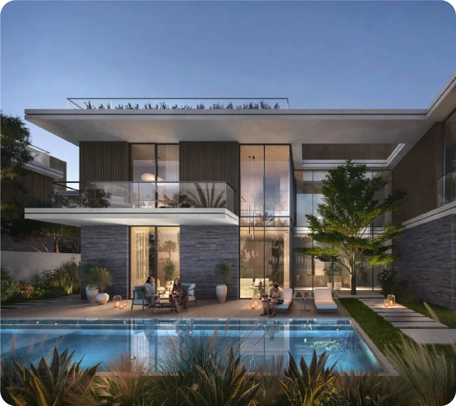 Modern villa with pool and outdoor seating area