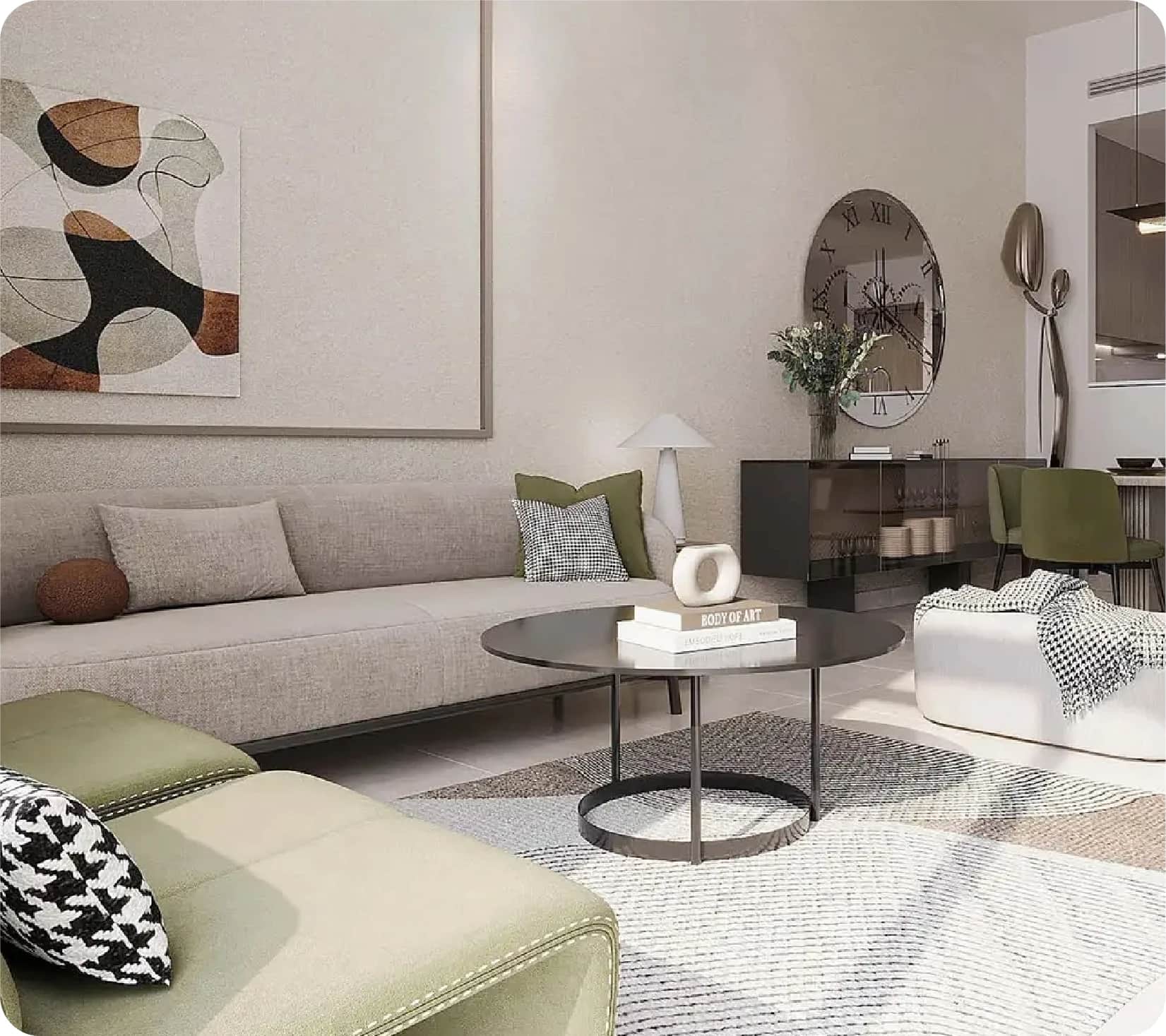 Modern living room with neutral tones and abstract art