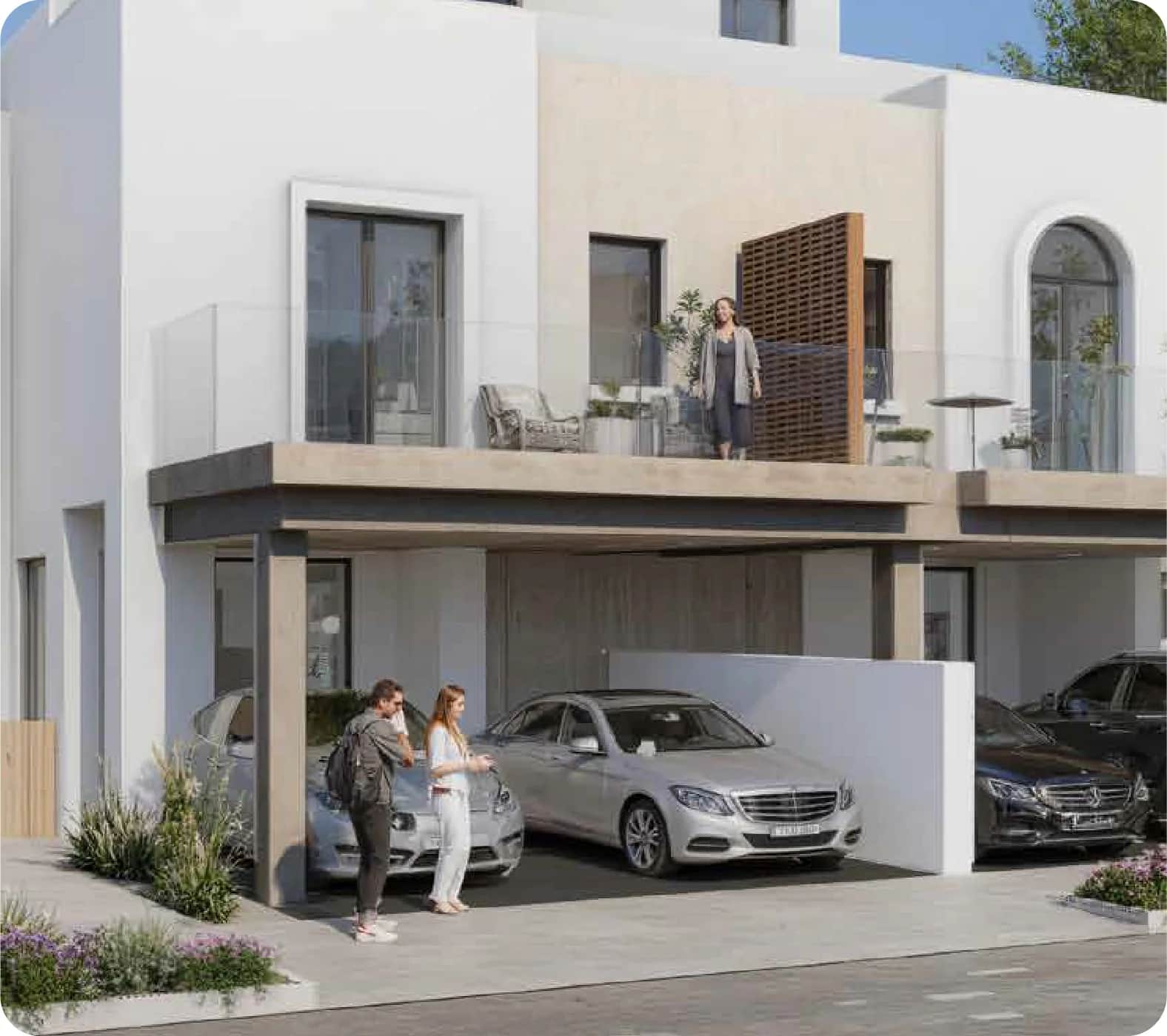 Modern townhouse with balcony and two luxury cars parked