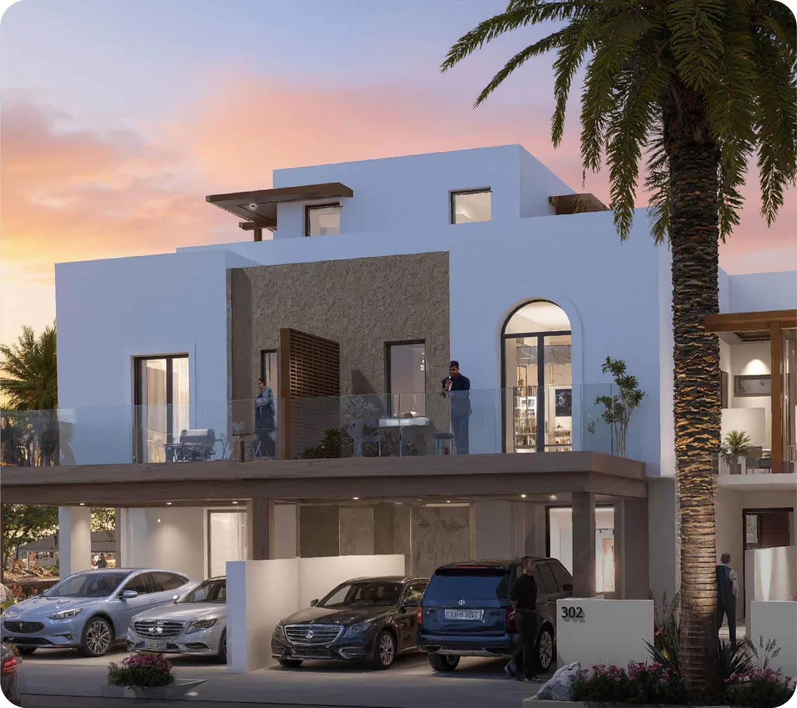 Modern villa with balcony, luxury cars, and sunset view