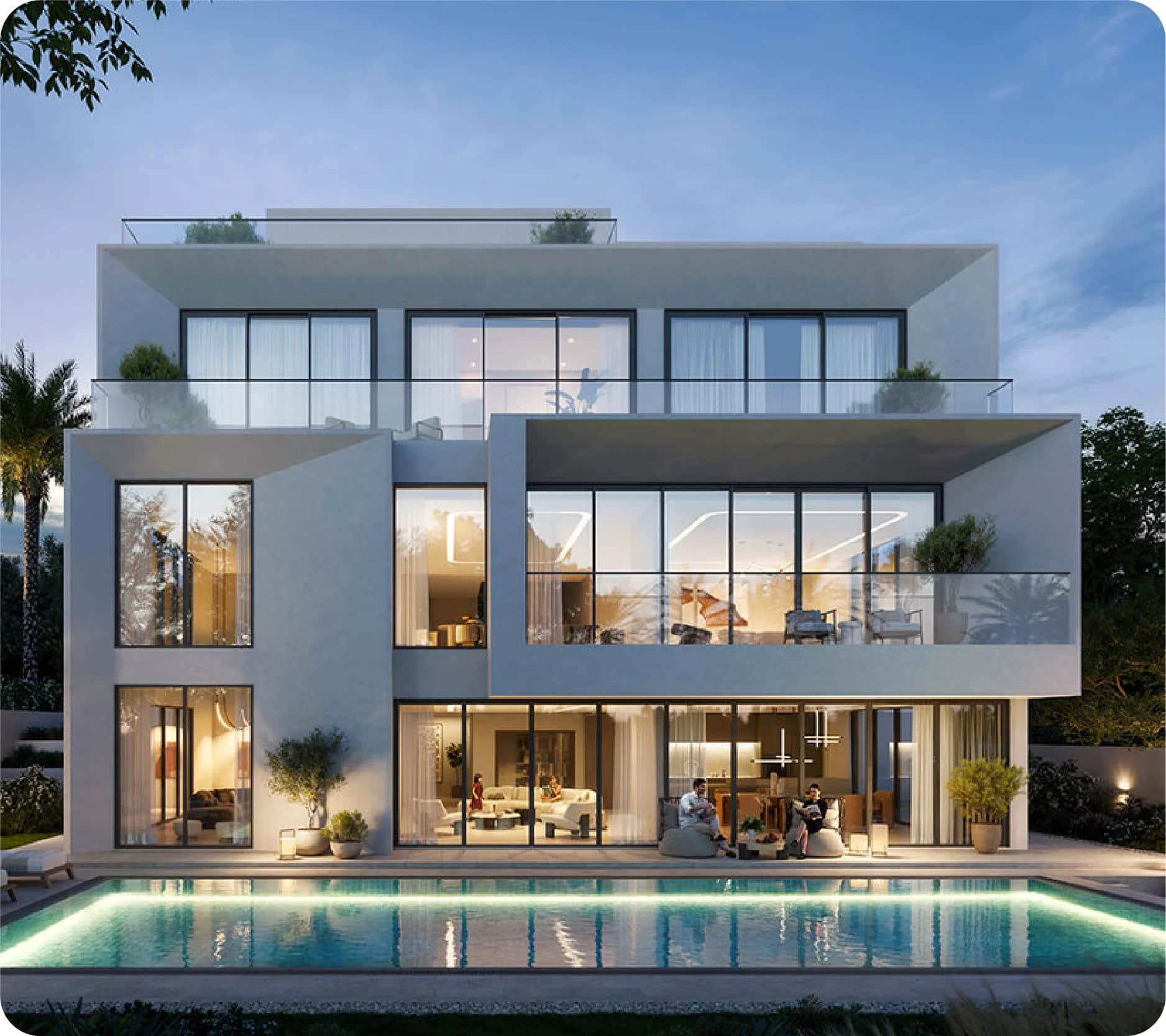 Modern homes with gardens and scenic waterfront views
