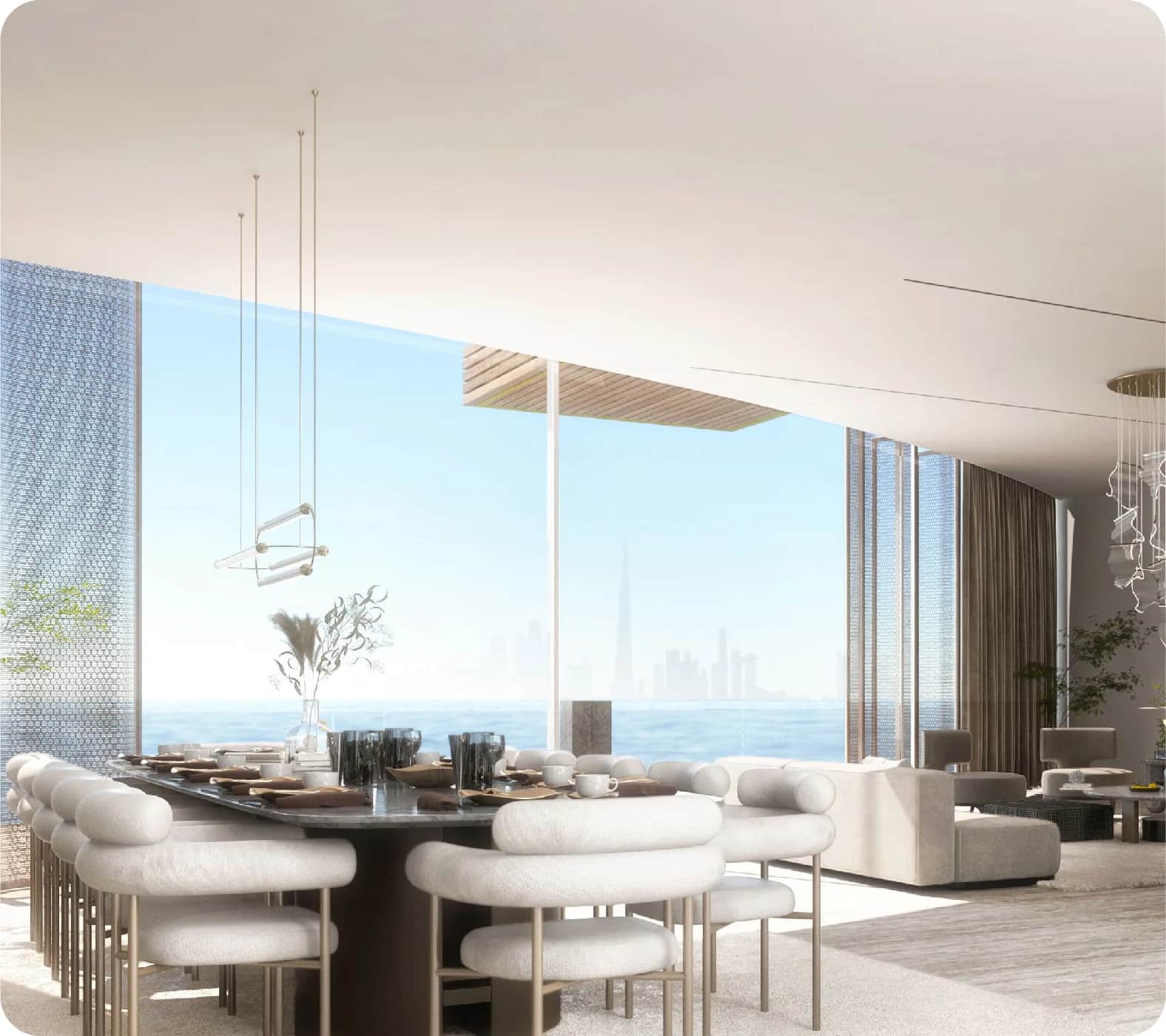 Aerial view of island with beachfront villas and Dubai skyline