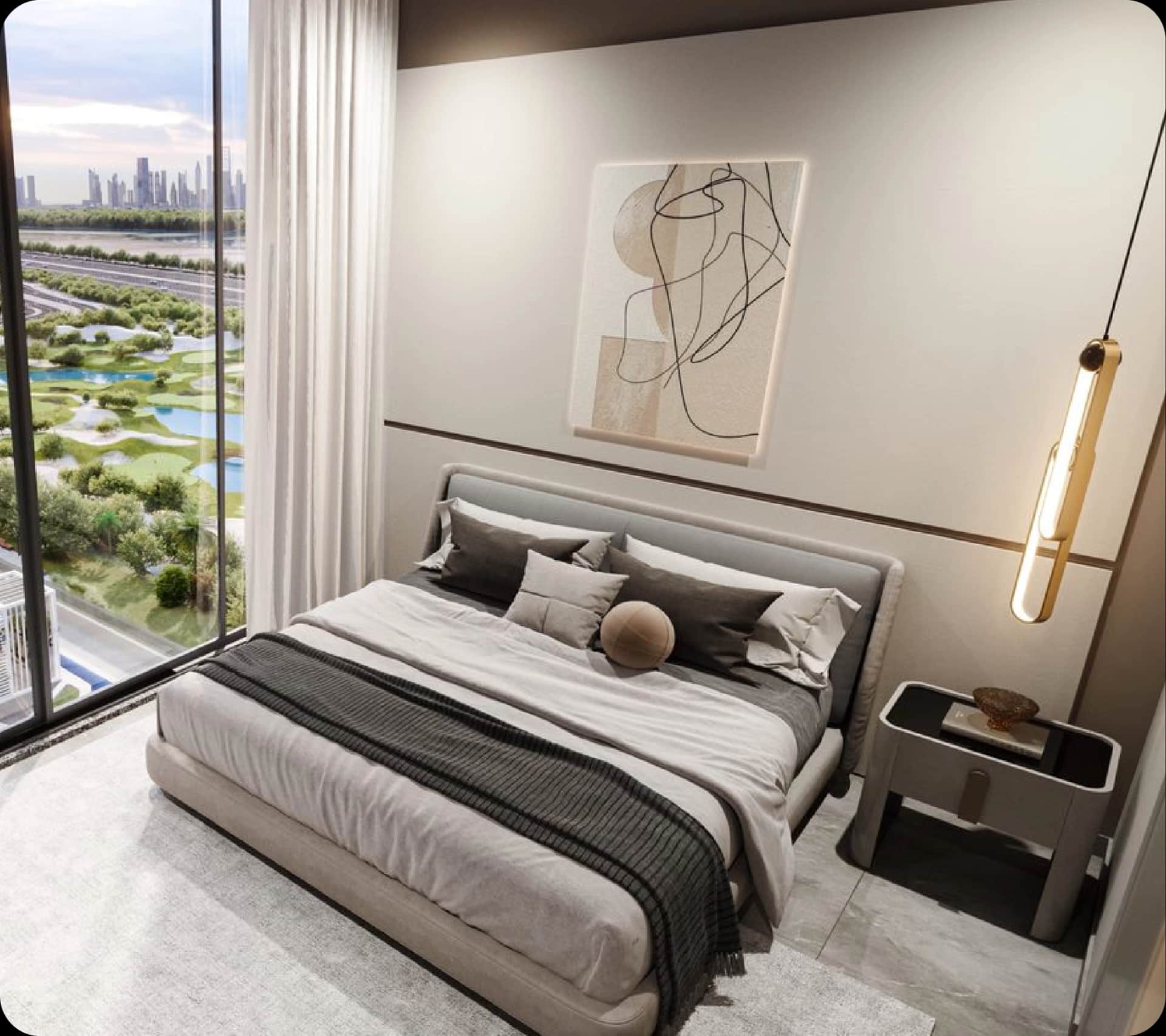 Modern bedroom with city and golf course views