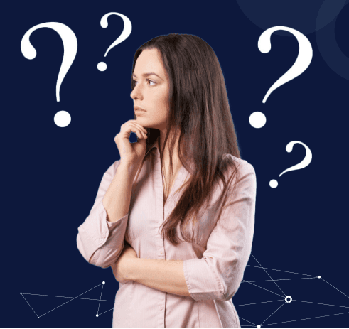 Woman pondering with question marks in the background