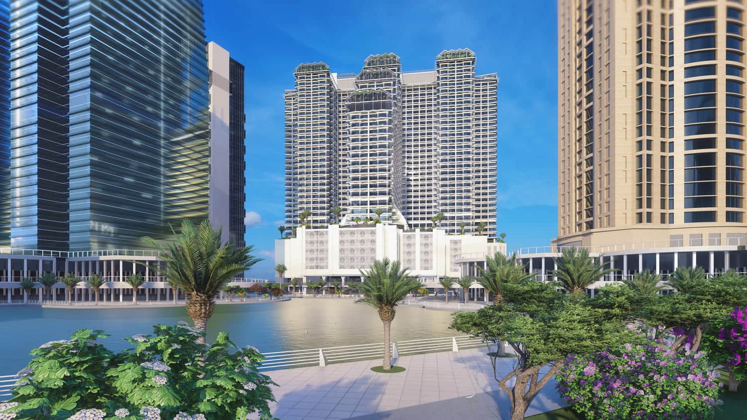 Modern residential tower with waterfront view and skies