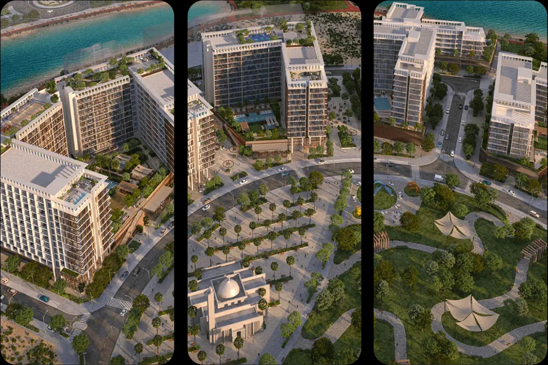 Beachfront residential complex with green spaces