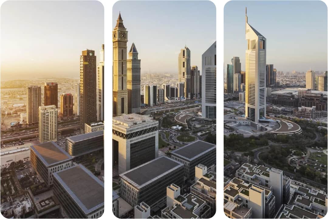 منظر جوي لأفق دبي الشهير الذي يضم أبراجًا شاهقة ومعالم بارزة