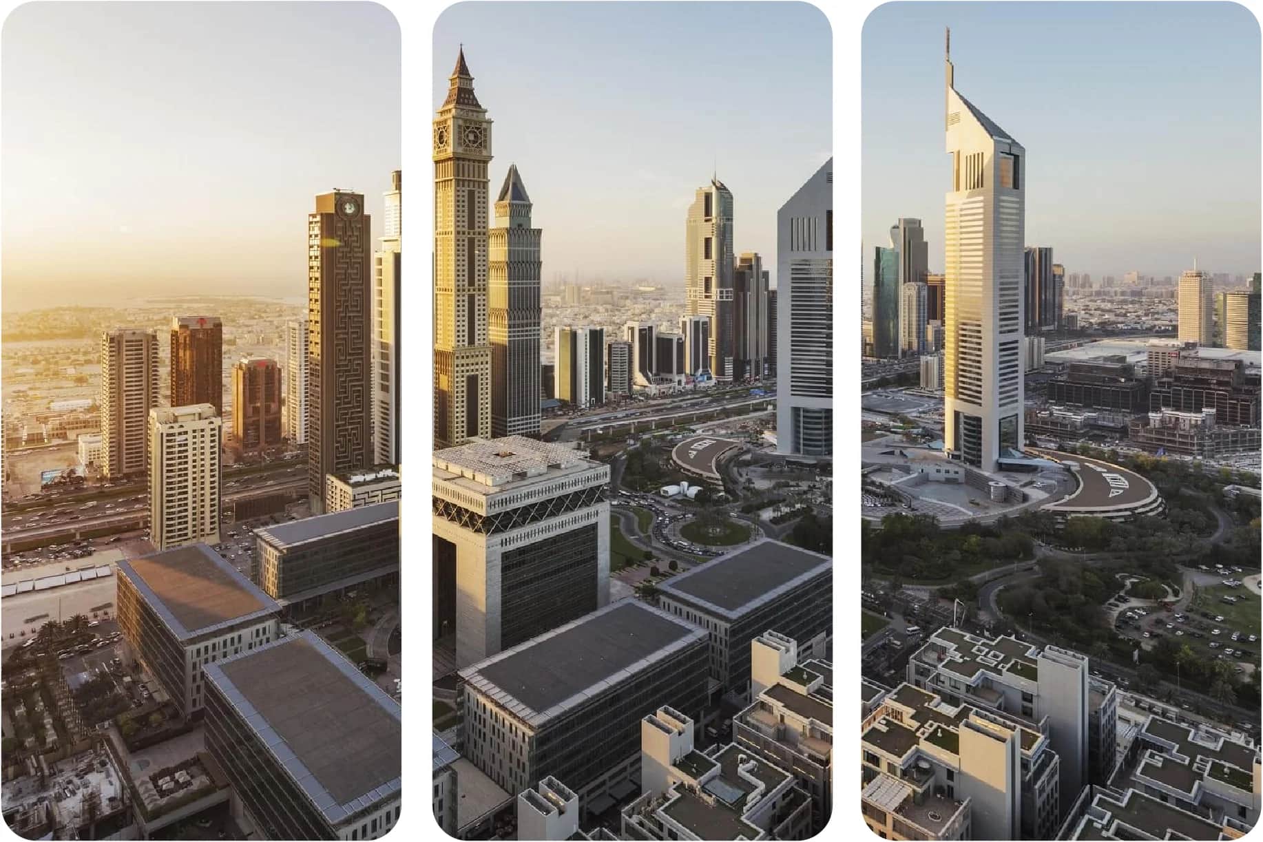 Aerial view of Dubai's iconic skyline featuring tall towers and landmarks