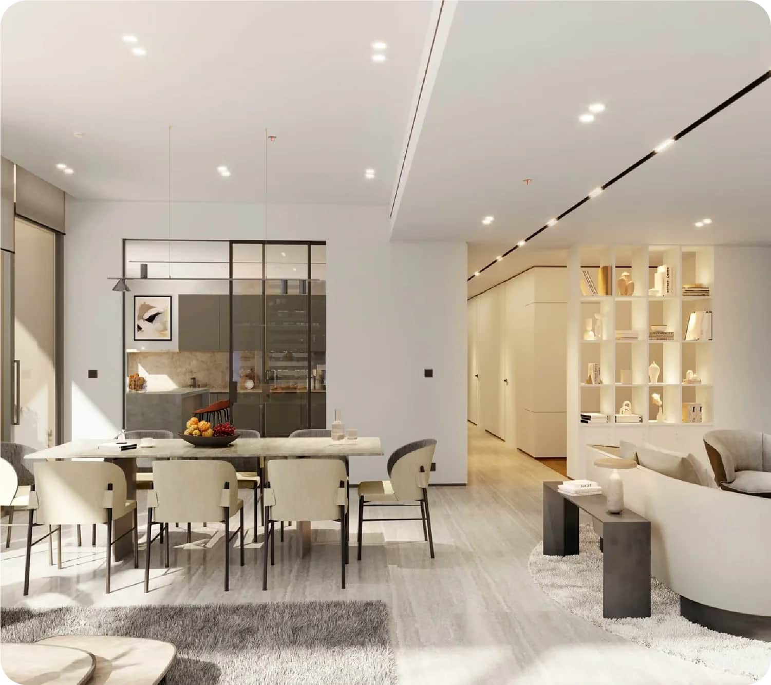 Modern living room with dining area, sleek design, and soft lighting