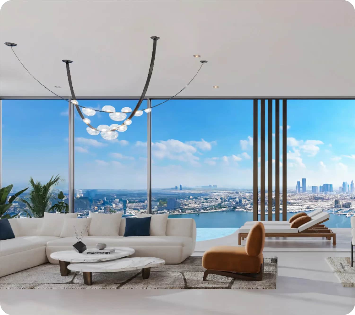 Contemporary living room with stunning city views and modern decor
