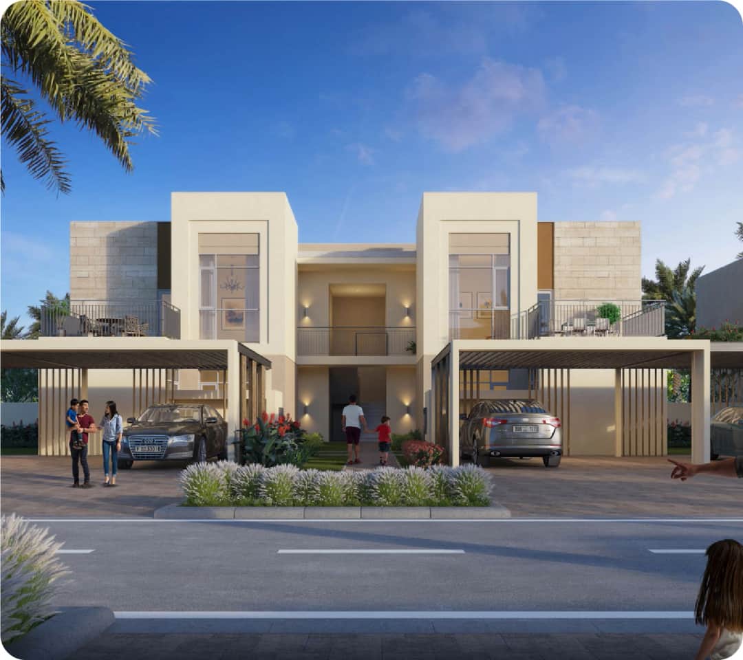 منظر لتطوير سكني مع مساحات خضراء وملعب غولف