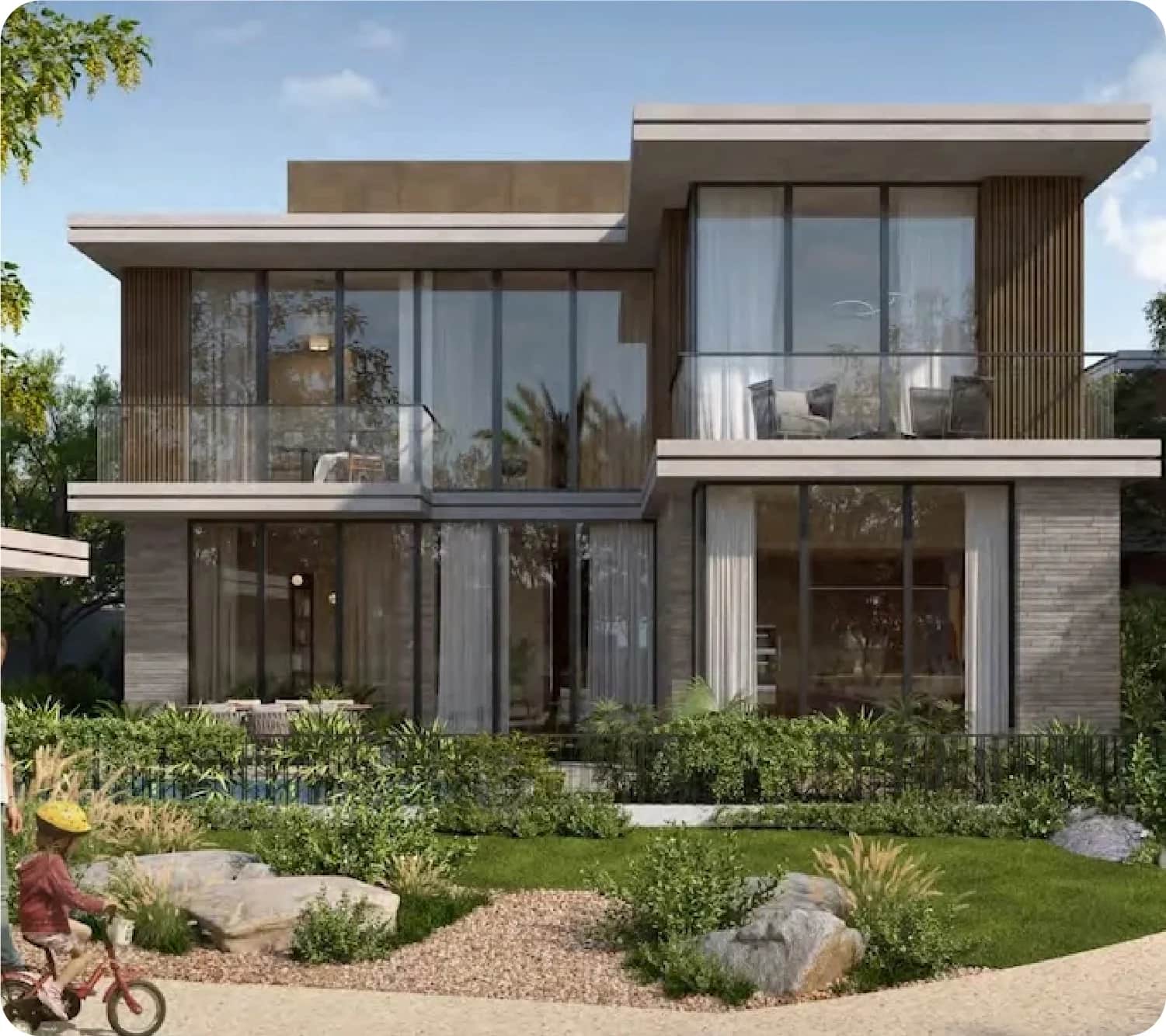 Modern house with garden and family