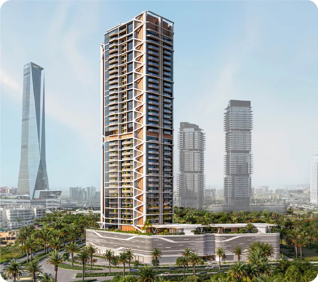 برج حديث ذو هندسة معمارية مبتكرة وإطلالة على المدينة