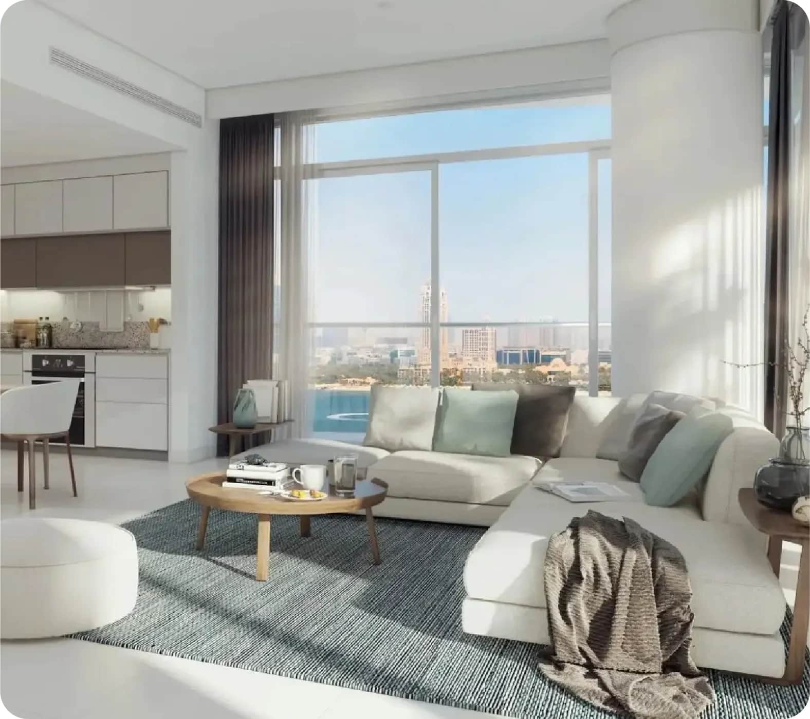 Bright living room with kitchen and scenic view in Dubai